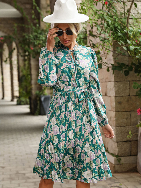 Mature Women Casual Summer Pleated Crew Neck Printed Long Sleeve Vintage Dress