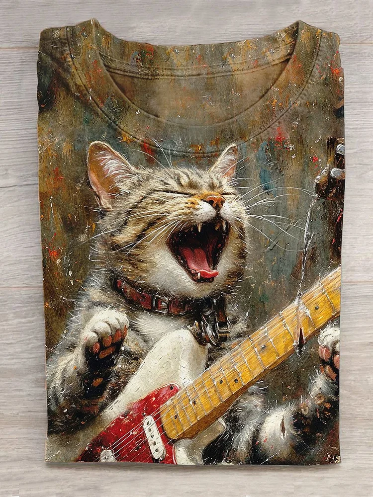 Unisex Retro Funny Cat Plays Guitar Rock Cat Art Print Design T-shirt