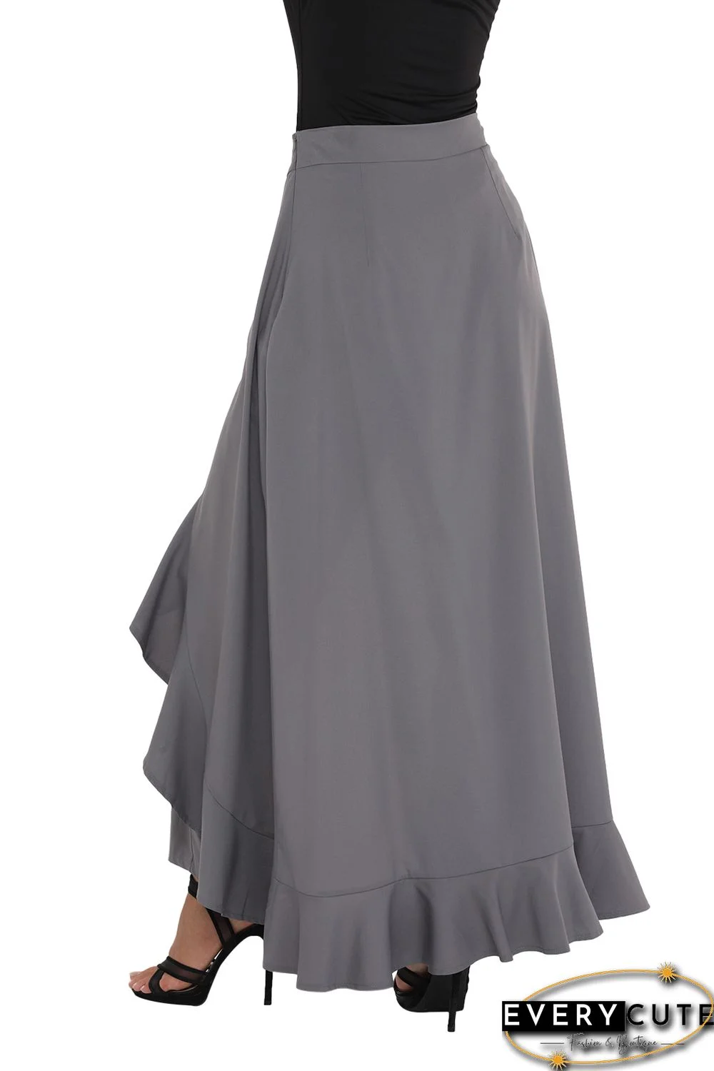 Grey Chiffon Tie-Waist Ruffle Palazzo Pants