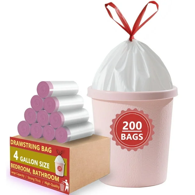 4 Gallon Drawstring Trash Bags (200 Count) – Small Garbage Bags 4-6 Gallon for Office, Bedroom, Bathroom