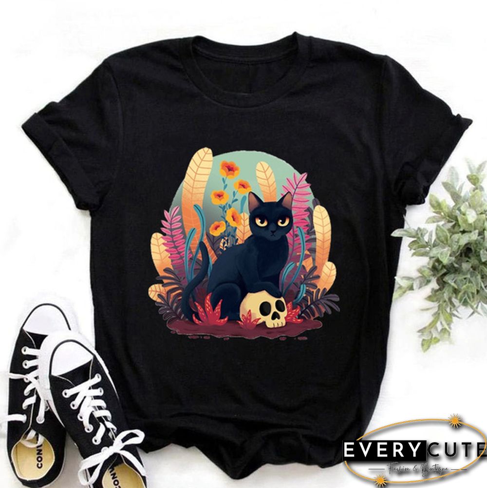 Cute Cat Print T-shrits For Women Summer Short Sleeve Round Neck Cute Loose T-shirt Creative Personalized Ladies Tops