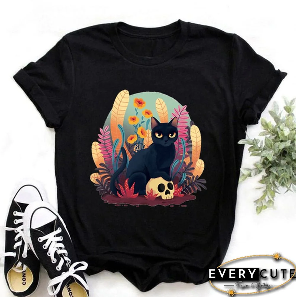 Cute Cat Print T-shrits For Women Summer Short Sleeve Round Neck Cute Loose T-shirt Creative Personalized Ladies Tops