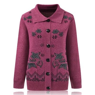 Women Knit Sweater Cardigan Jacket New Middle-aged Clothes Autumn Coat Lapel Single-breasted Long sleeve Sweater Female Tops 889