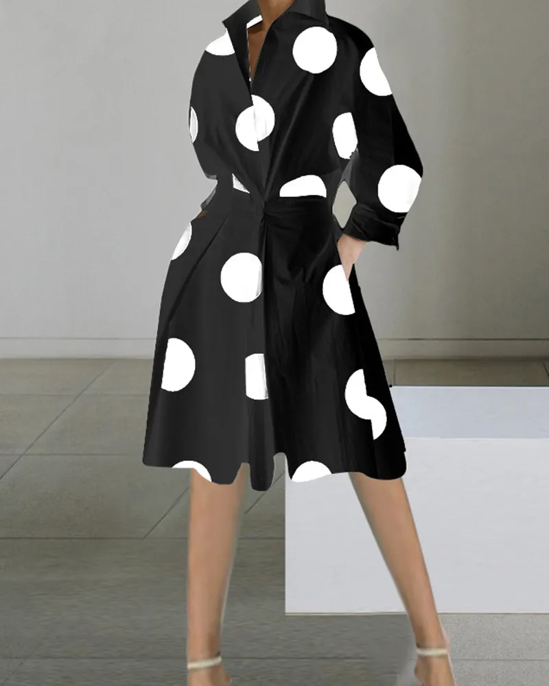 Polka Dot Long Sleeve Tie Waist Shirt Midi Dress