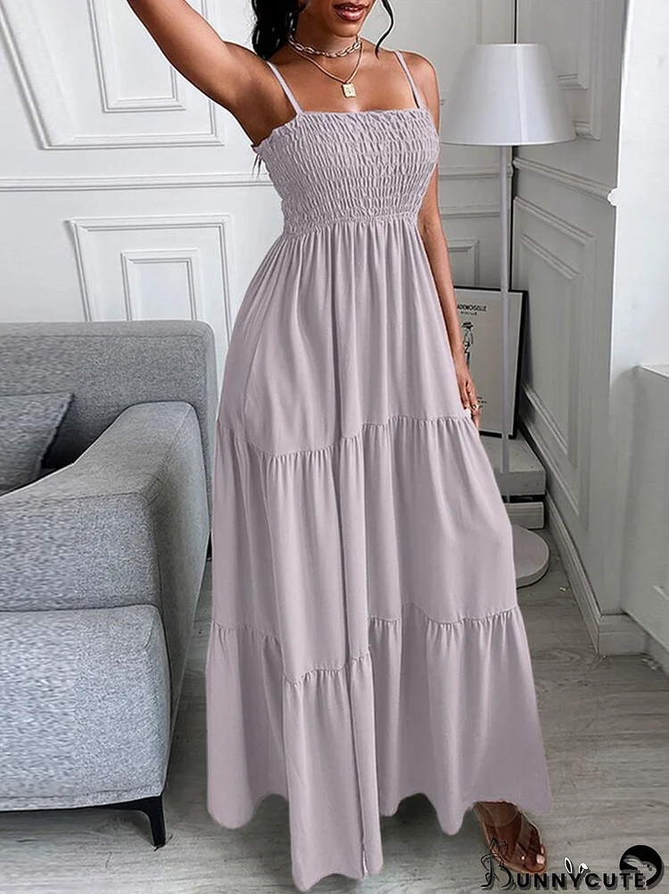 Women Solid Shirred Spaghetti Strap Swing Maxi Dress