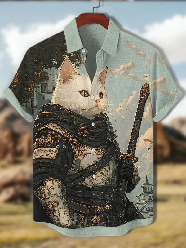 Men's Vintage Cat Knight Print Short Sleeve Shirt