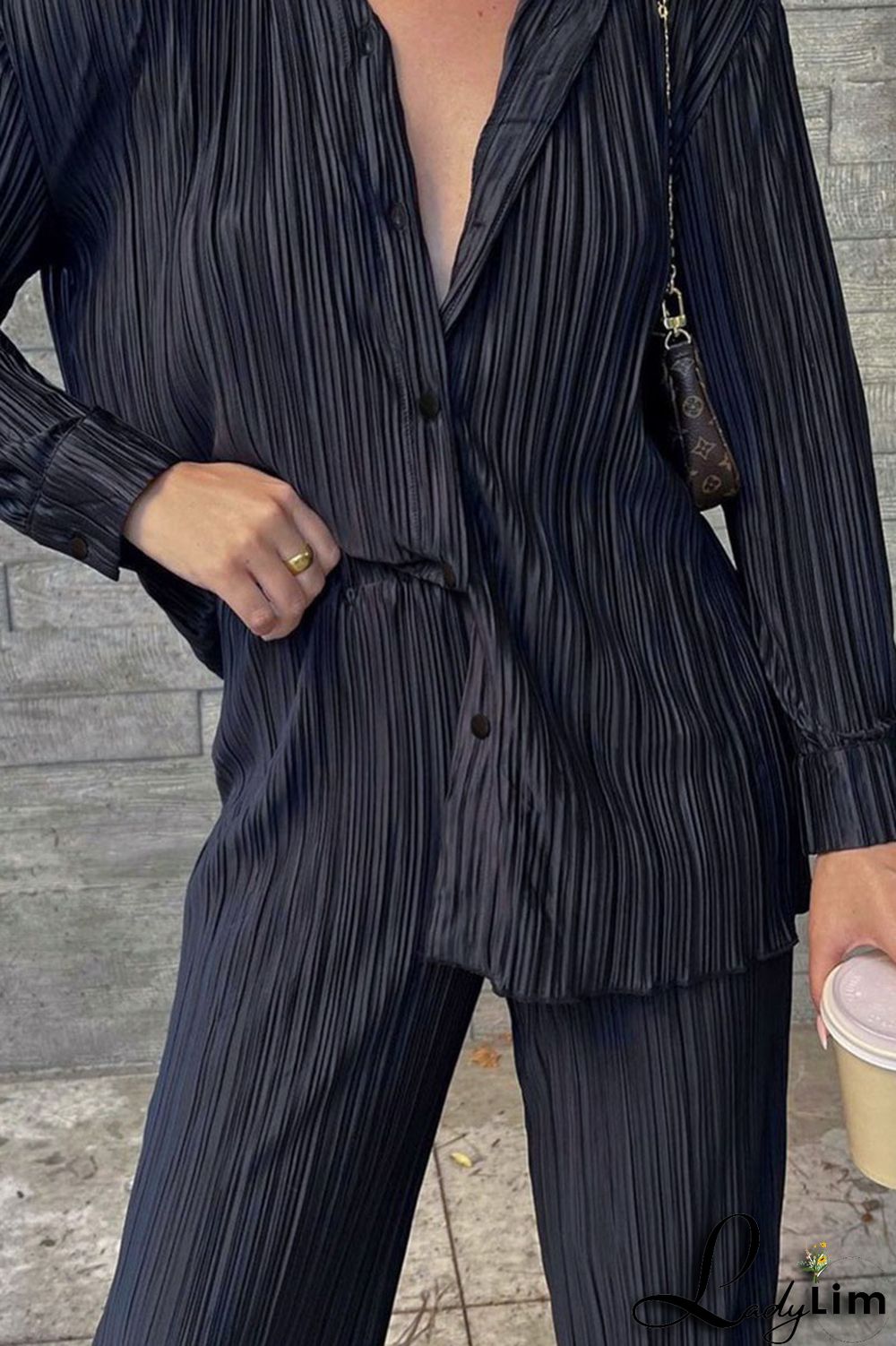 Deep Pink Casual Solid Patchwork Buckle Fold Turndown Collar Long Sleeve Two Pieces