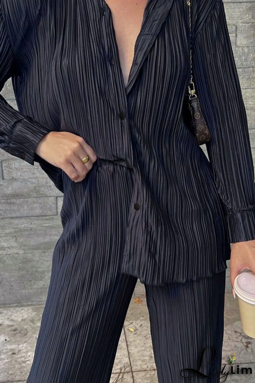 Deep Pink Casual Solid Patchwork Buckle Fold Turndown Collar Long Sleeve Two Pieces