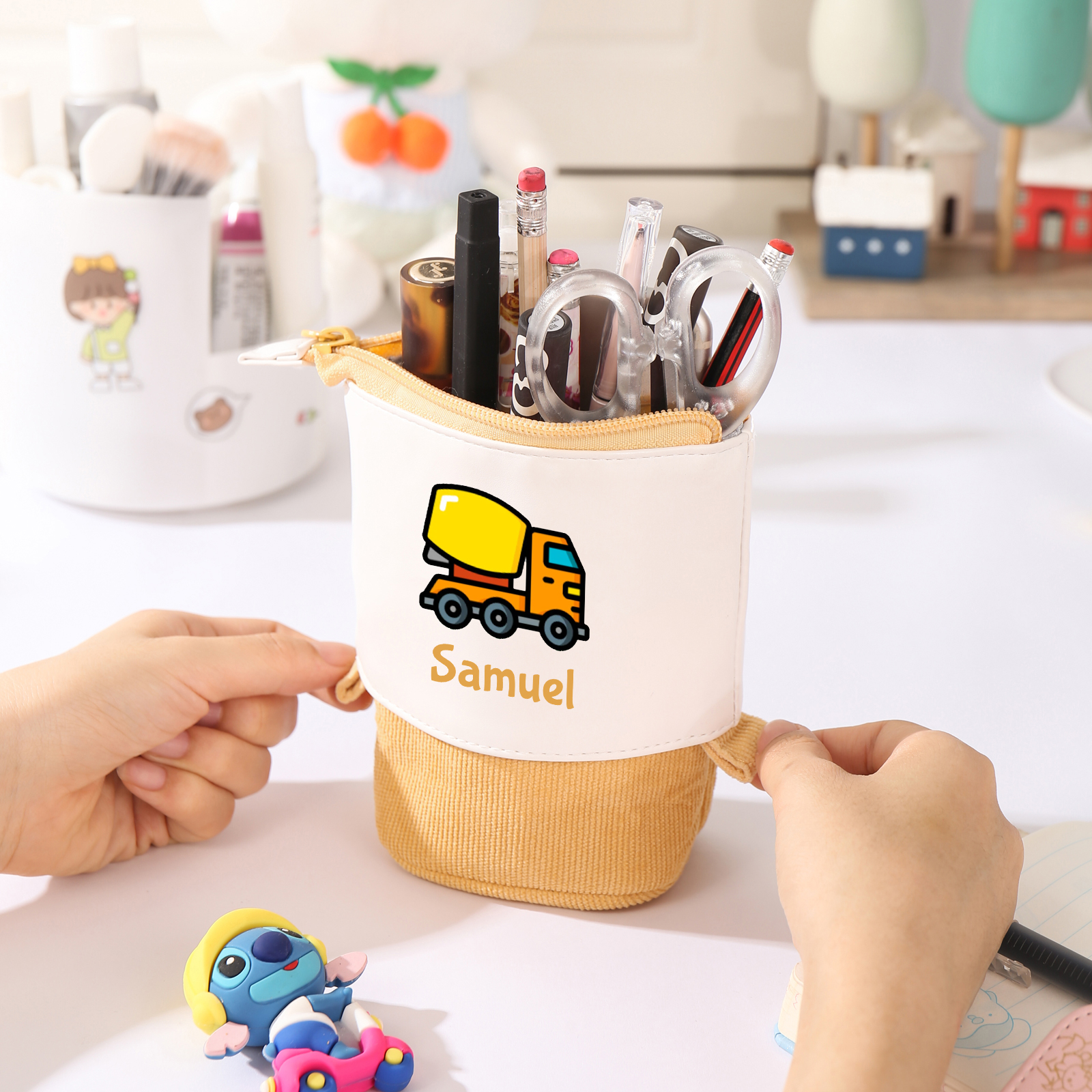 Astuccio per matite personalizzato con 1 nome e 1 veicolo da costruzione regalo per scuola elementare bambini