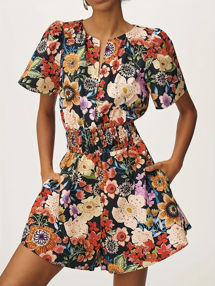 Women Fashion New Floral Printed Poplin Romper, Breezy Silhouette, Fluttered Sleeves, Smocked Waist, V-Neck, Side Slant Pockets, Relaxed Silhouette, Pull-On Styling