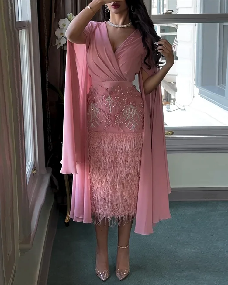 Women's V-neck Embroidered Feather Dress