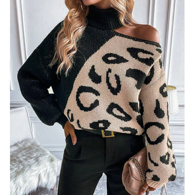 Athvotar Athvotar And Winter New Sweater Women Feel Shoulder Leopard Splicing High-Neck Knitting Shirt Factory