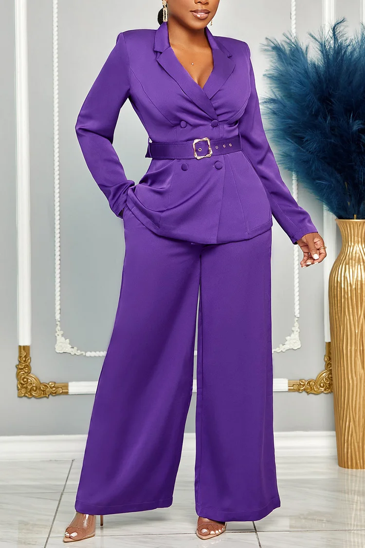 Plus Size Work Pants Set Purple Notch Lapel Double Breasted Blazer Wide Leg Two Pieces Pants Set 
