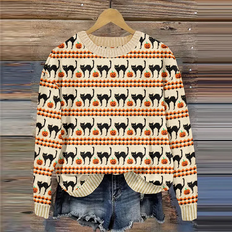 Comstylish Halloween Pumpkin Cat Print Knitted Pullover Sweater