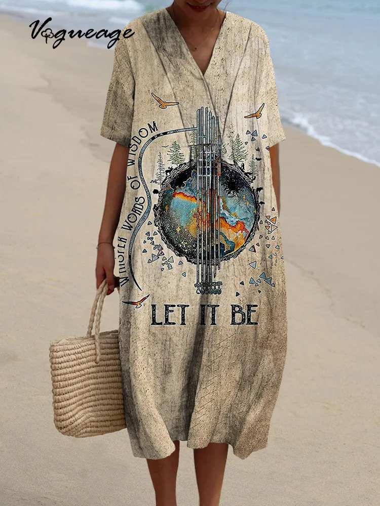 Simple Hand-Painted Colorful Guitar Peace Dove Printed Women's Casual Cotton And Linen Dress