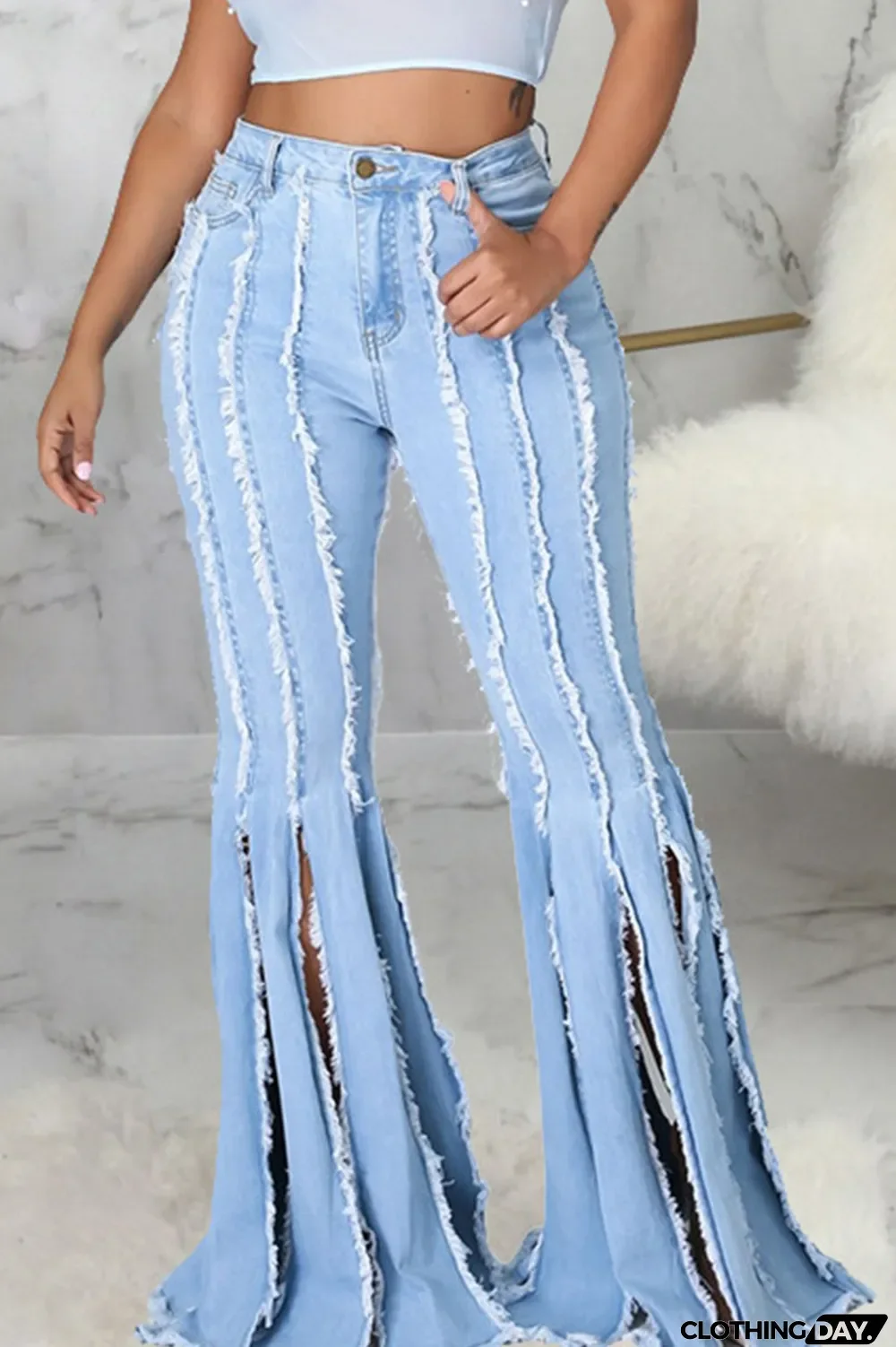 Dark Blue Street Solid Split Joint Slit Boot Cut Denim Jeans