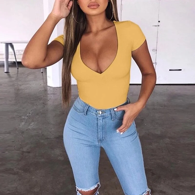 2020 Summer Fashion Women's Shirt Solid Short Sleeve V-Neck Tops Summer Ladies Long Tight Bottom Shirt Pullover