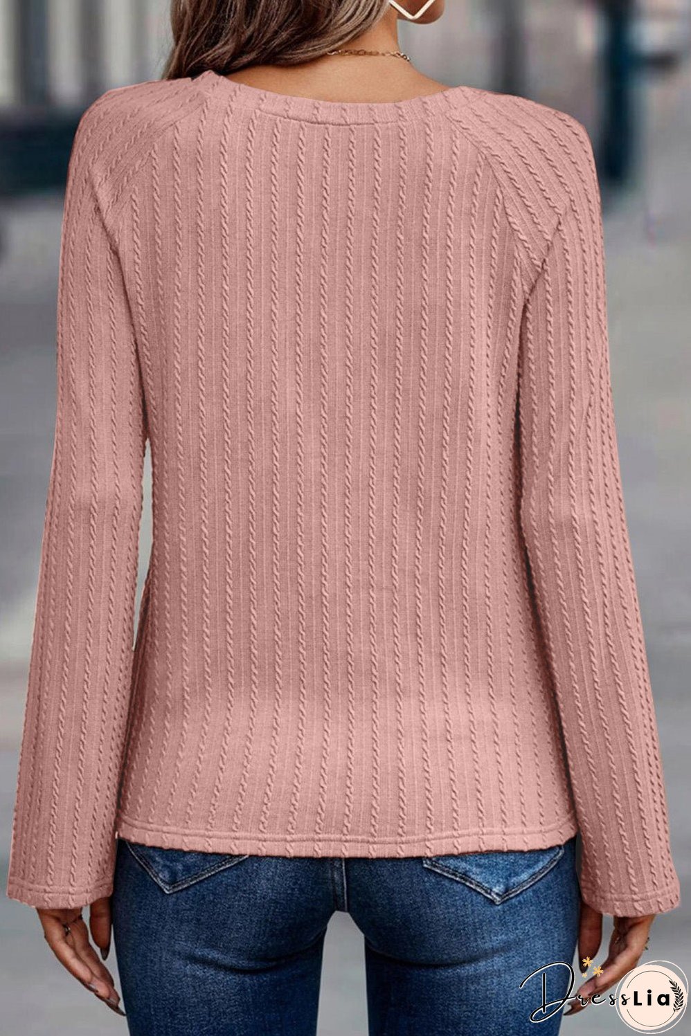 Pink Cozy Ribbed Round Neck Knit Long Sleeve Top