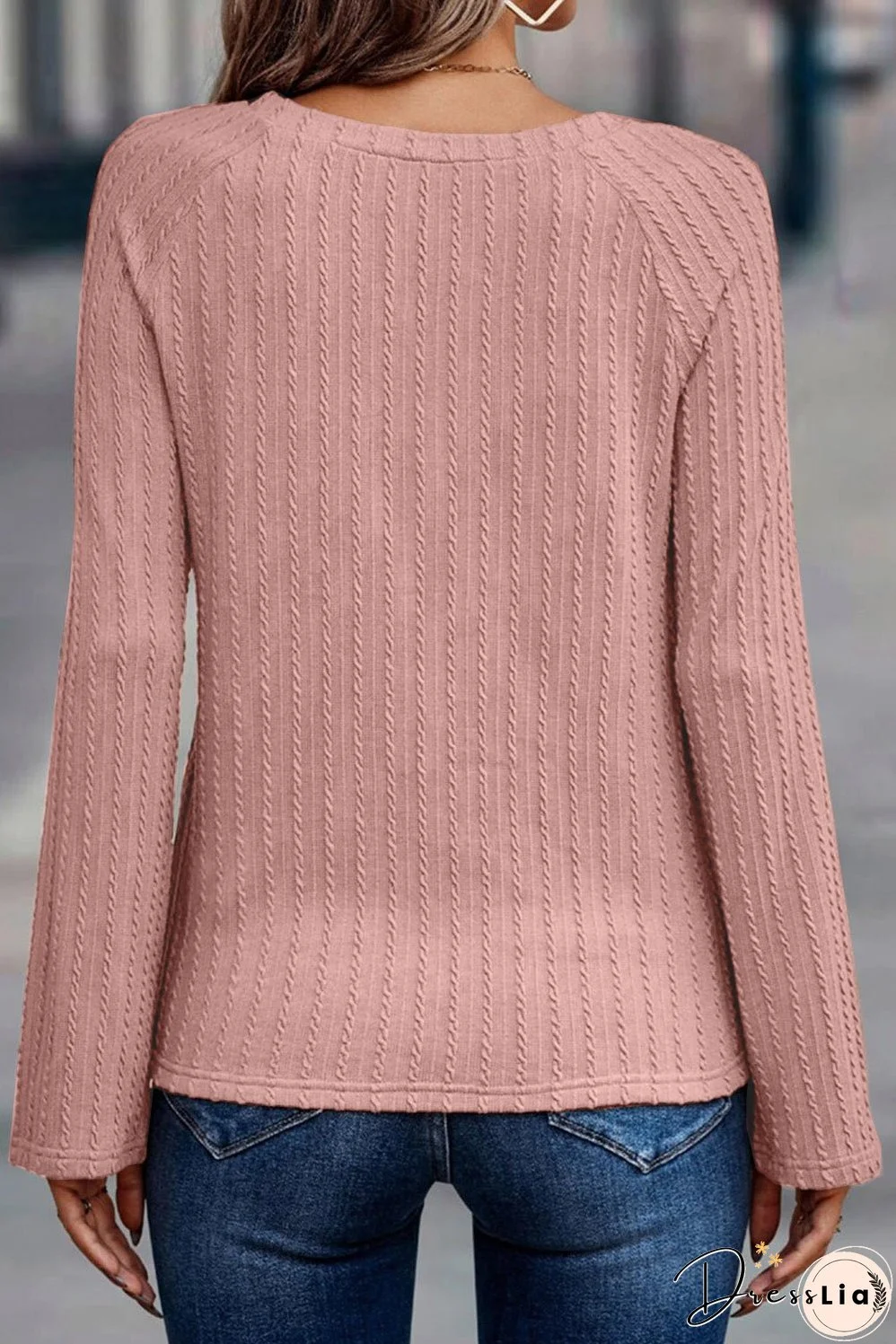 Pink Cozy Ribbed Round Neck Knit Long Sleeve Top