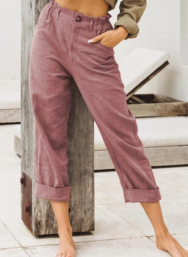 Pure Color Cotton And Linen Pocket Casual Pants