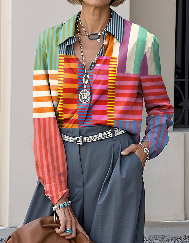 Elegant Abstract Geometric Art Print Lapel Casual Long Sleeve Shirt