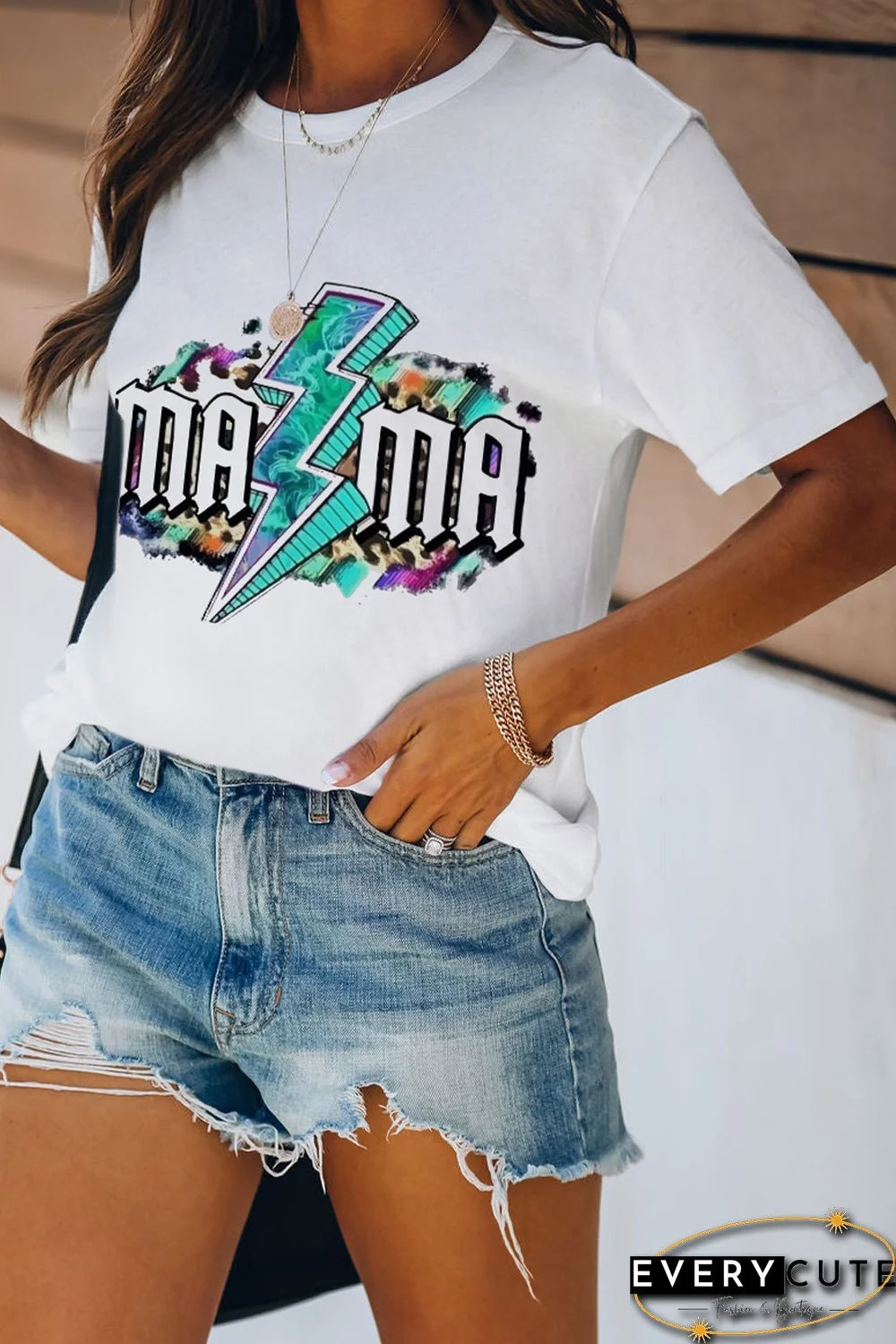 White MAMA Lightning Graphic Print Short Sleeve T Shirt