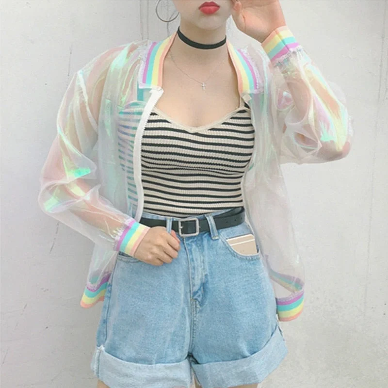 Harajuku Summer Women Jacket Laser Rainbow Symphony Hologram Women BasicCoat Clear Iridescent Transparent Bomber Jacket Sunproof
