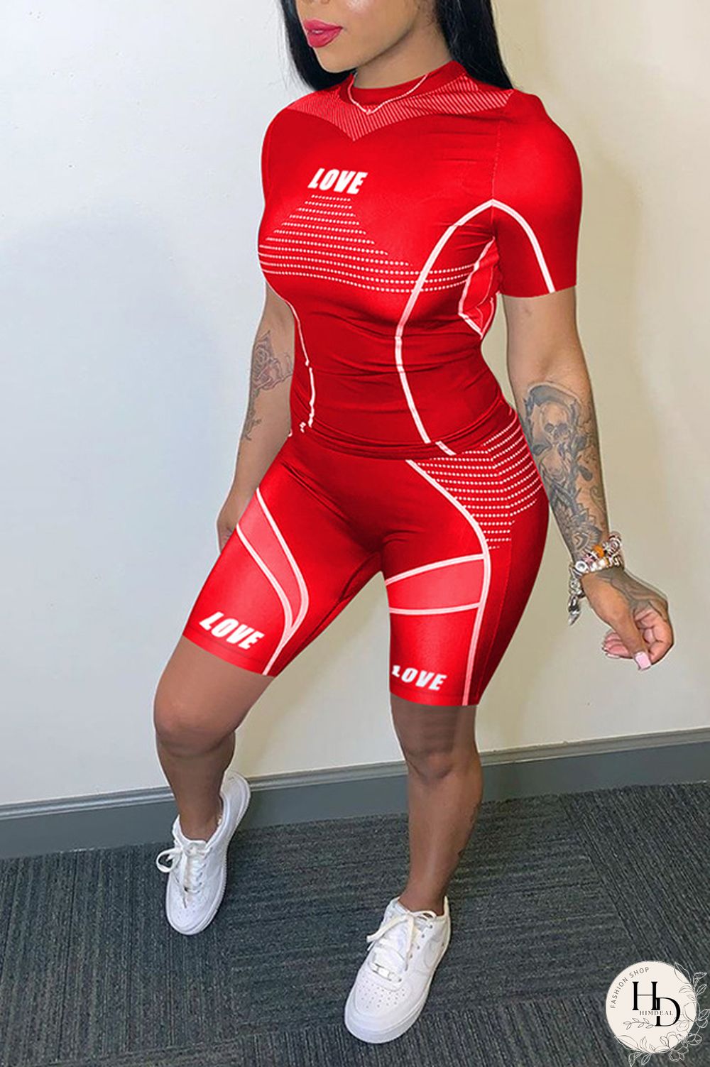 Dark Gray knit Sexy Patchwork Print Straight Short Sleeve Two Pieces