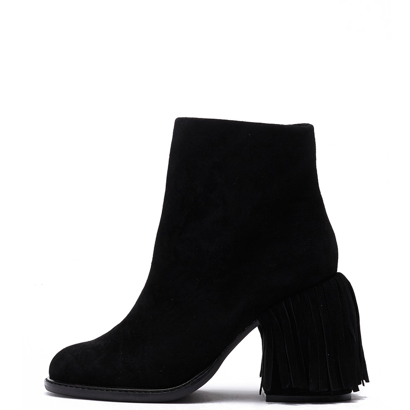 TAAFO Black Woman Ankle Boots High Chunky Heels Round Toe Booties Zipper Ladies Fringe Trim Shoes