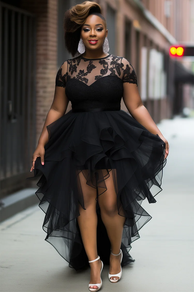 Xpluswear Design Plus Size Cocktail Party Black Round Neck Short Sleeve Asymmetric Hem Ruffle Tulle Mini Dresses [Pre-Order]