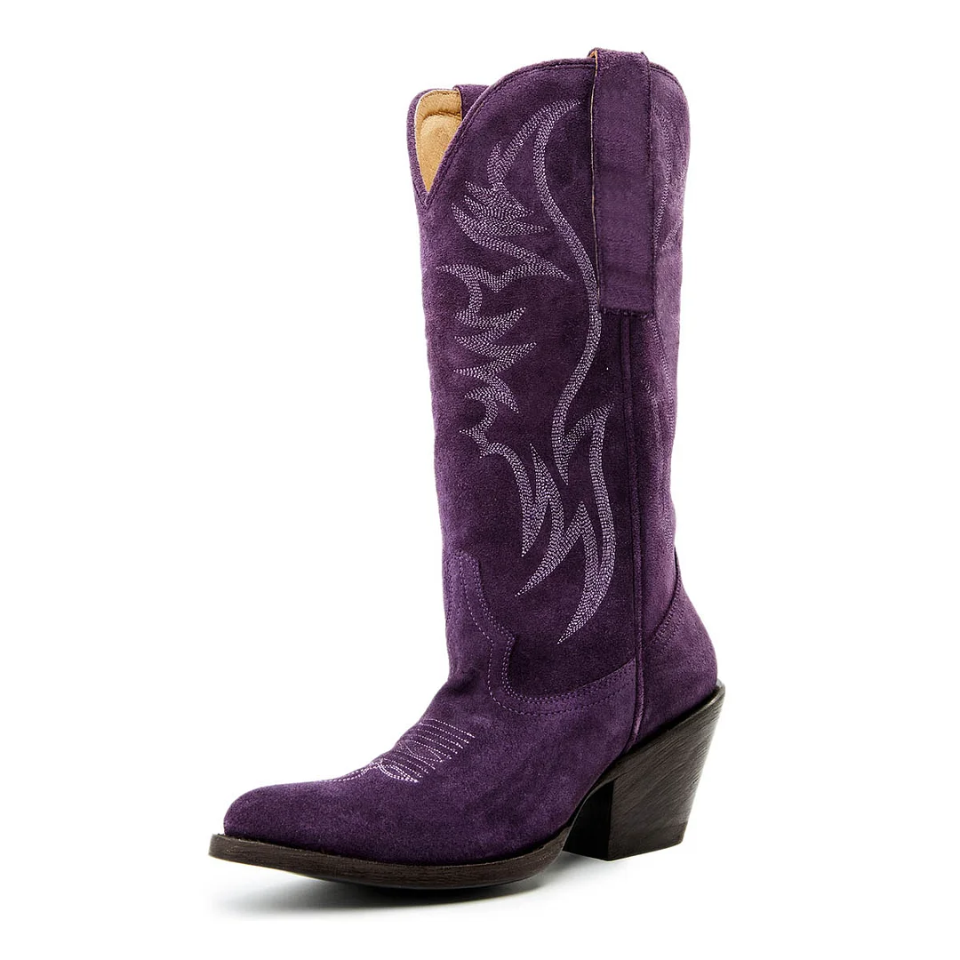 Purple Vegan Suede Embroidered Pointed Toe Western Boots for Women