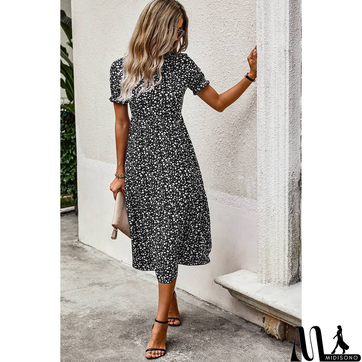 MidiSono - Floral Print Round Neck Color Block High Waist Fit Dress