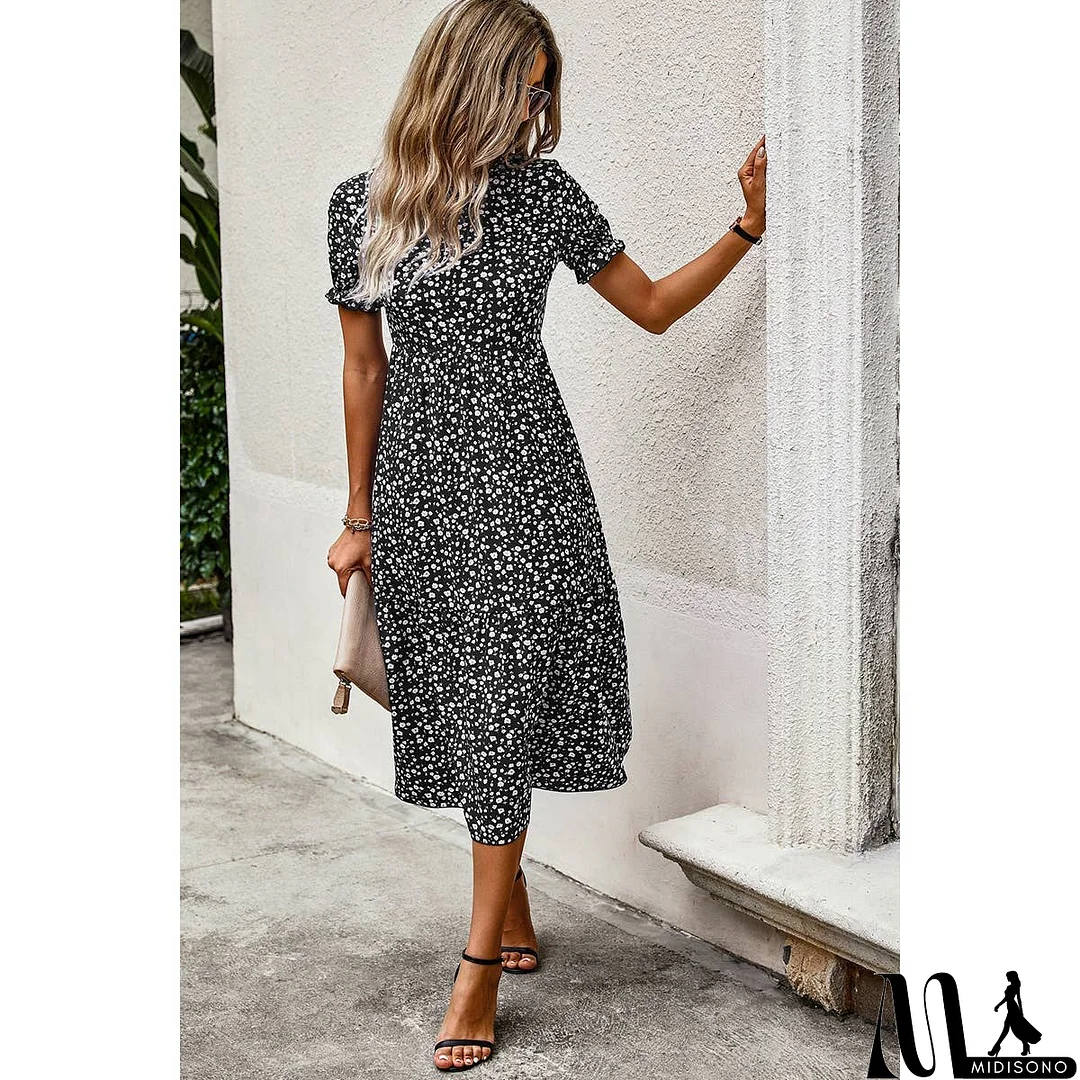 MidiSono - Floral Print Round Neck Color Block High Waist Fit Dress