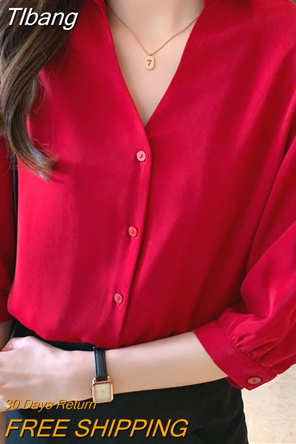 Tlbang Women's Shirt Vintage Red Button Blouses for Women Short Sleeve Shirts Female Top Polo Neck Solid Blouse Office Lady Basic Shirt
