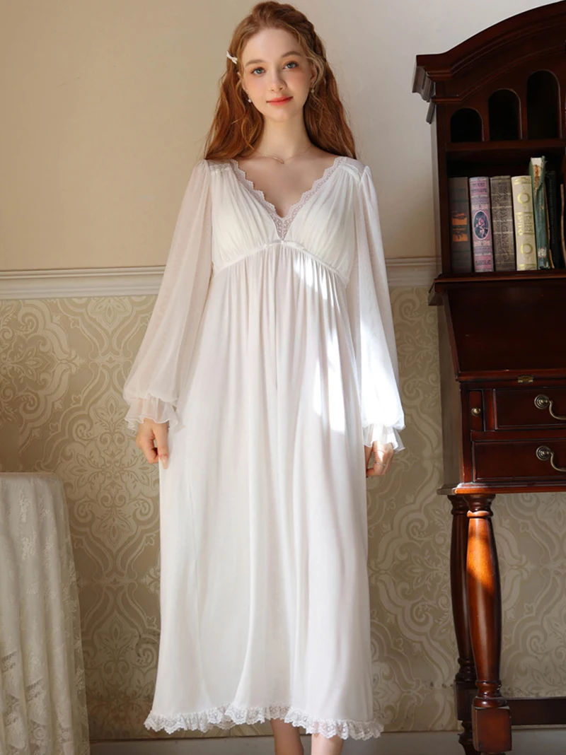 Ddmcloud French Long Spring Autumn Modal Cotton Pajamas Fairy Nightdress Sleepwear Sexy Sweet Victorian Princess Home Clothes for Women