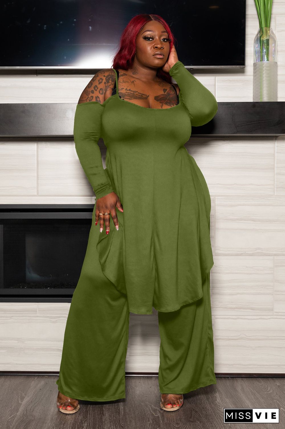 Plus Size Irregular Solid Casual Wide-leg Pants Suits