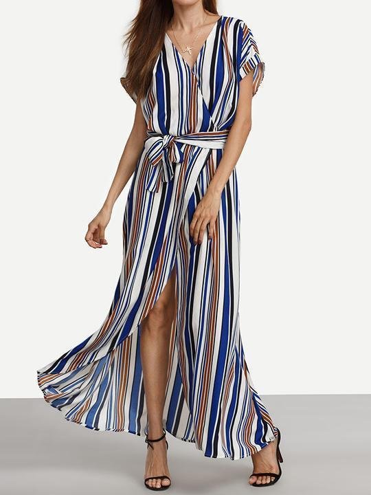 Elegant Stripe V Neck Short Sleeve Split Belted Maxi Dress