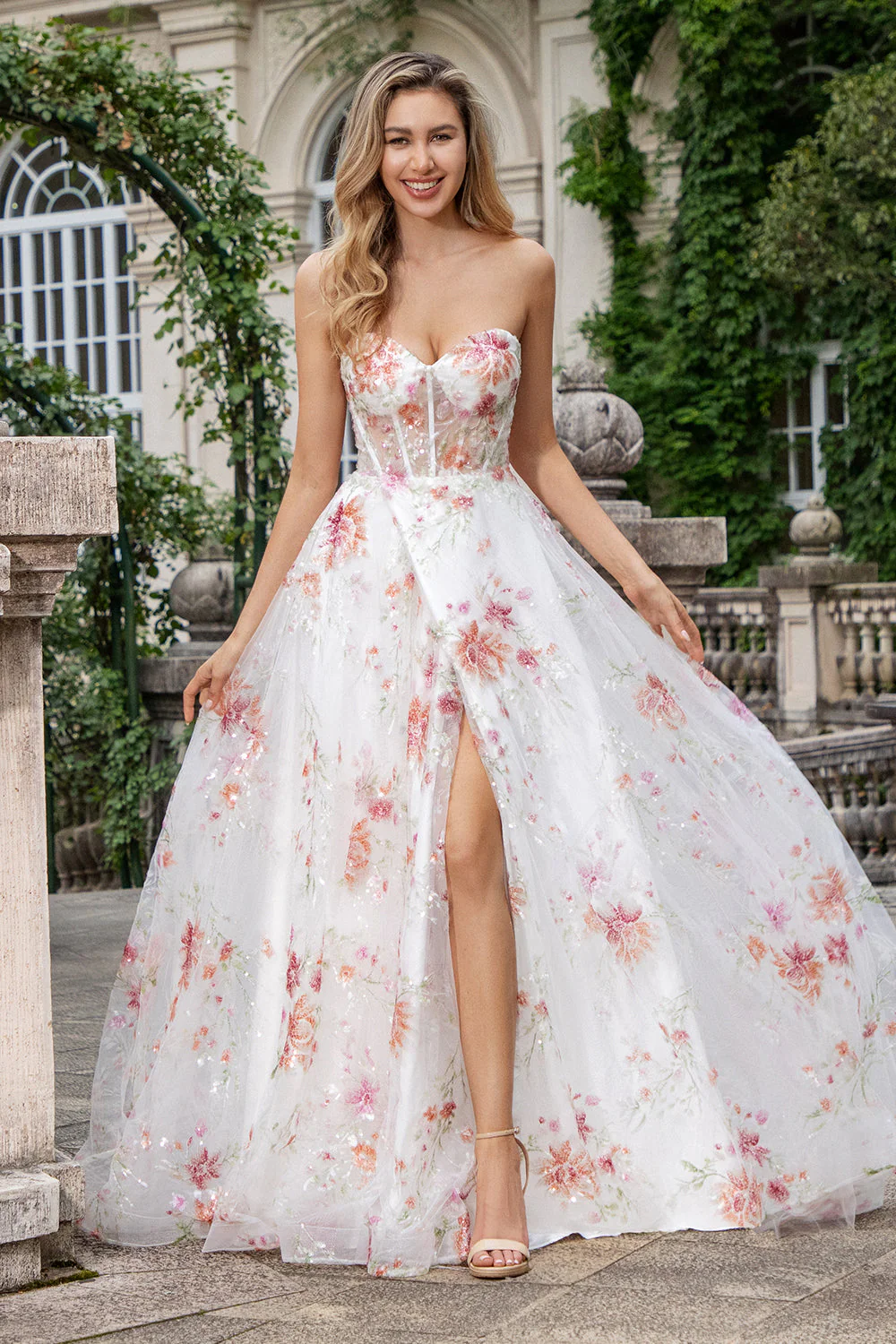 White Sweetheart Ball Gown Long Slit Prom Dress with Lace YU0024