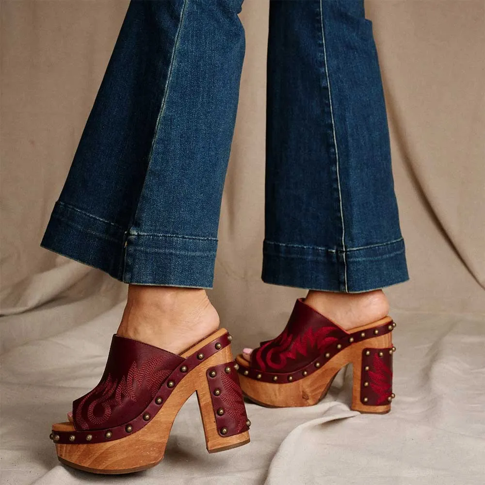 Maroon Chunky Heel Platform Embroidered Mules for Women with Studded