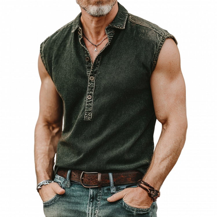 Men's Casual Outdoor Denim Washed Distressed Lapel Button Down Sleeveless Polo Shirt  