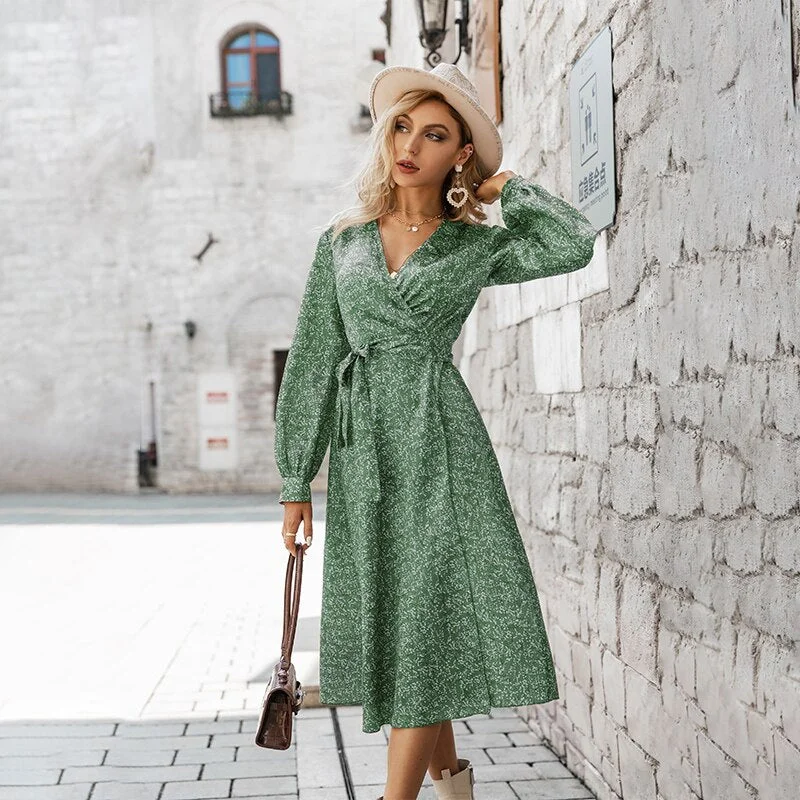 Simplee Holiday satin v-neck lace up floral print women dress Sash lantern sleeves split maxi vestidos A-line beach wrap dresses