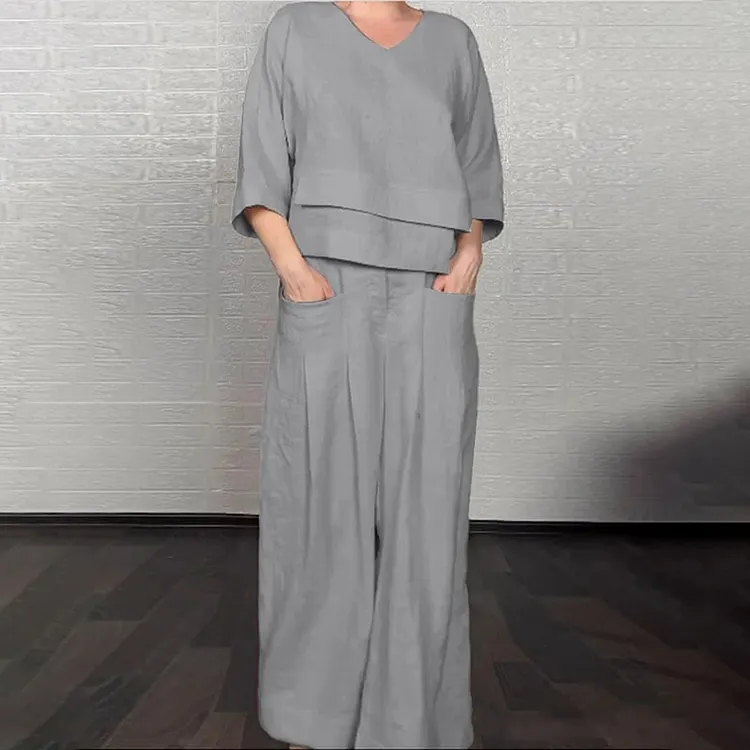 Women's Comfy Linen Blend Double Layer Design V-neck Top And Pants Two-piece Set