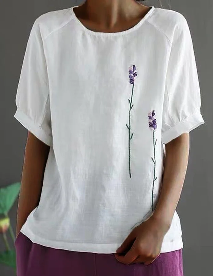 Women's Vintage Embroidery Cotton linen Round Neck Short Sleeve T-shirt