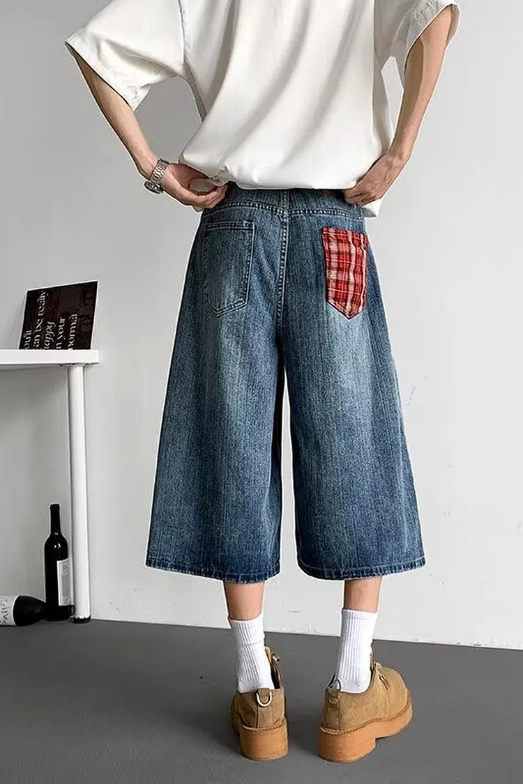 Patchwork Denim Shorts for Men with a Wide Leg Relaxed Fit