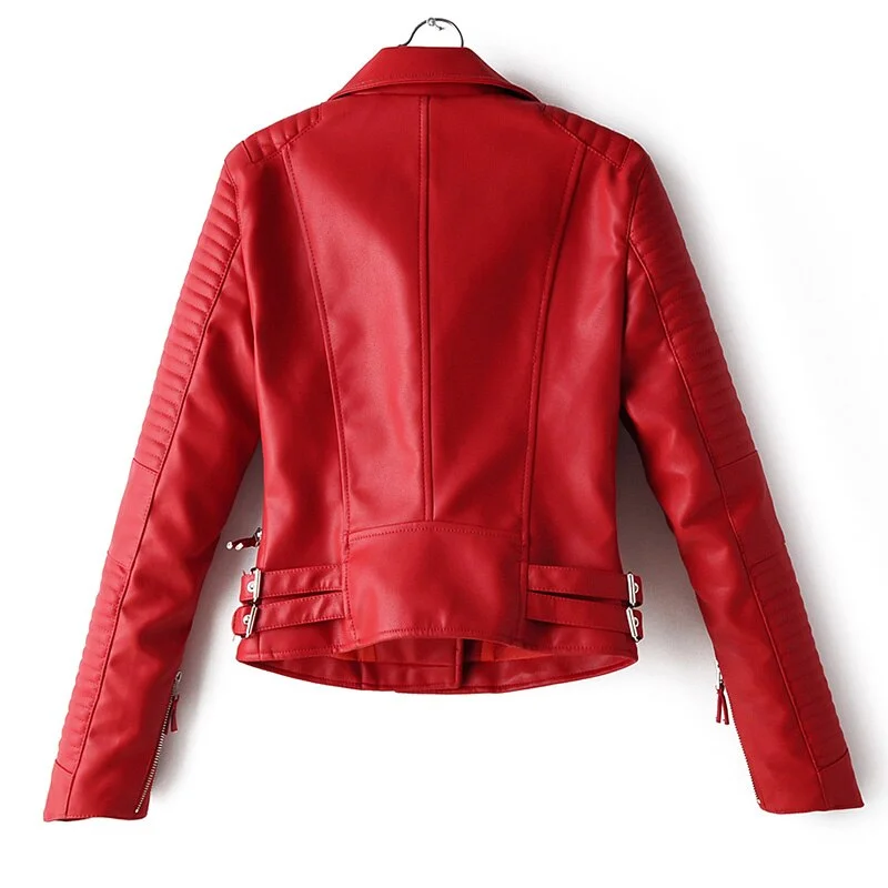 FTLZZ Autumn Women Faux Soft Leather Jacket Pu Motorcycle Zipper Rivet Coat Turndown Collar Black Red Pink Biker Leather Outwear