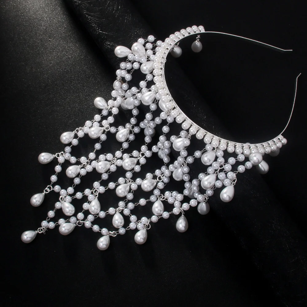 Vintage Bohemian Grid Pearl Headband Chain Hat Bridal Jewelry Tiara Headwear