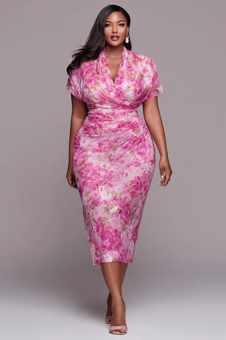 Xpluswear Design Plus Size Cocktail Party Pink Floral Cowl Neck Short Sleeve Fold Bodycon Tulle Midi Dresses [Pre-Order] 2024 - Xpluswear