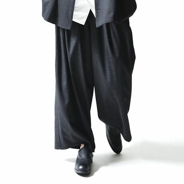 Japanese Dark Style Tweed Loose Straight Elastic Waist Balloon Pants-dark style-men's clothing-halloween