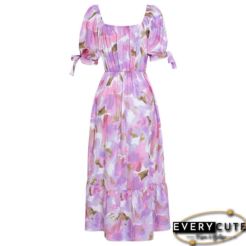Purple Pink Floral Print Puff Sleeve Long Dress