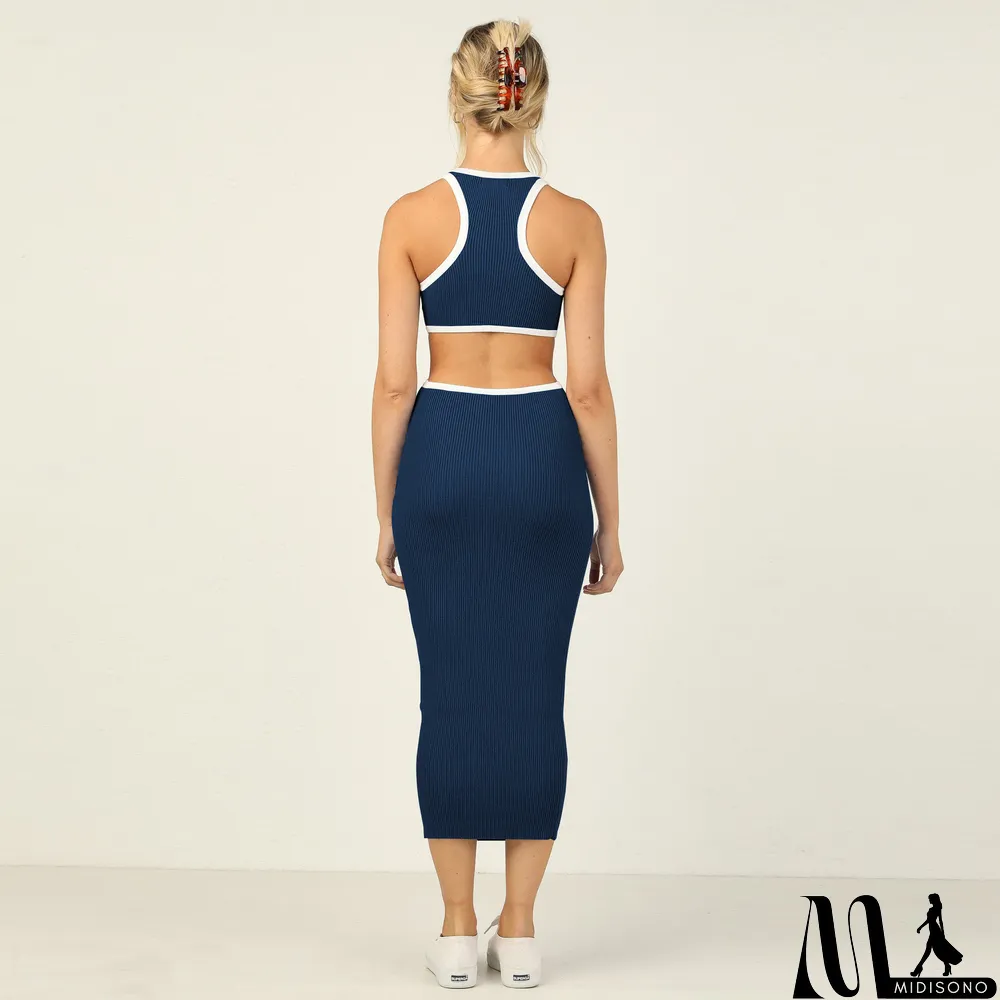 MidiSono - Fashionable round neck pullover tight hollow open back sexy racer dress bodycon midi skirt